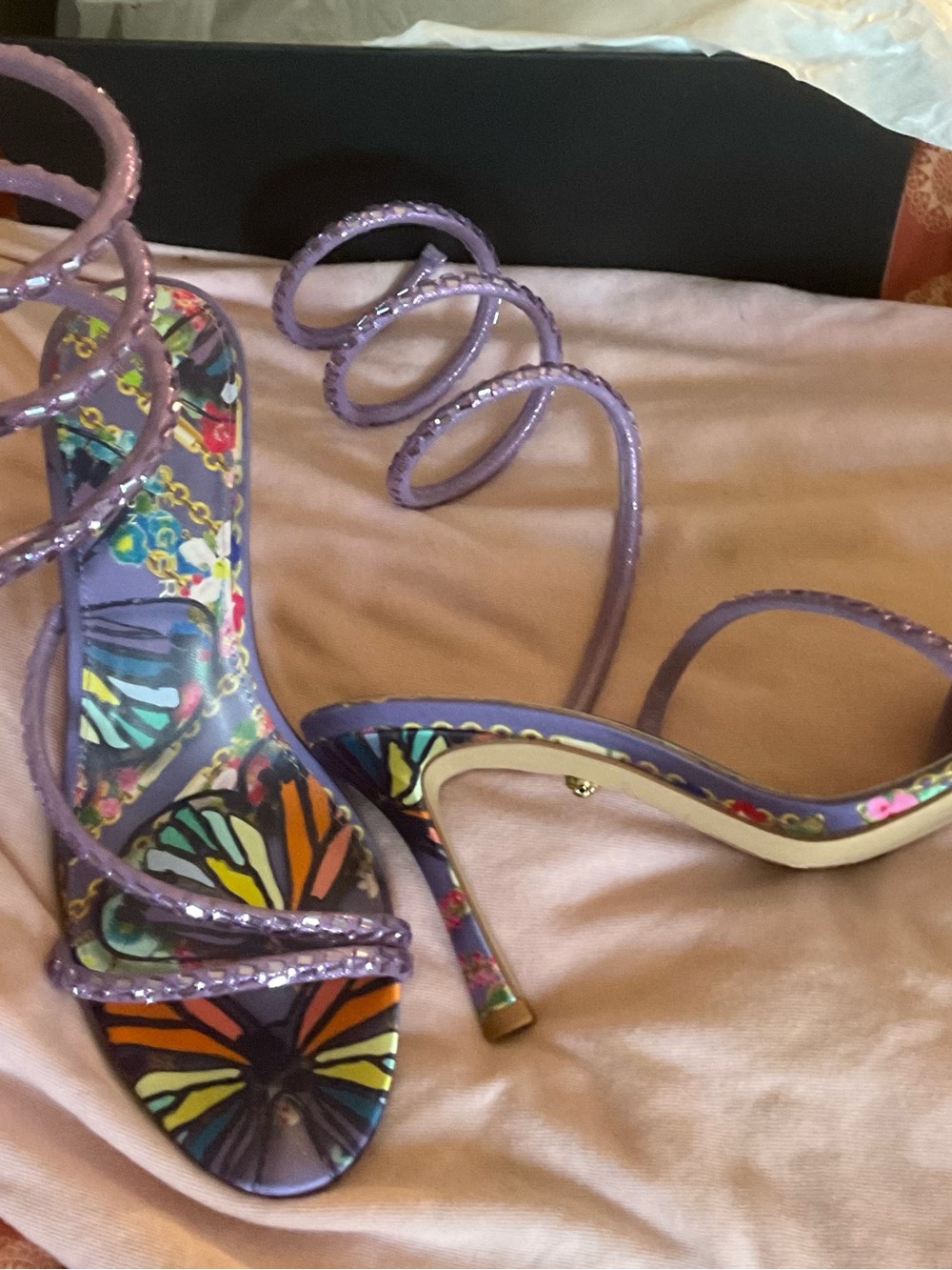 Kurt Geiger Lavender Strappy Butterfly-Print High Heels